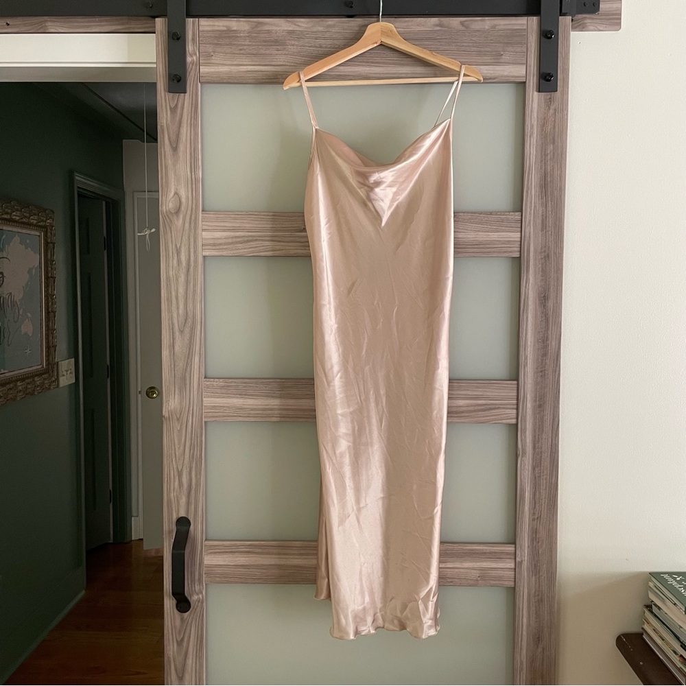 bebe champagne cowl neck midi slip dress